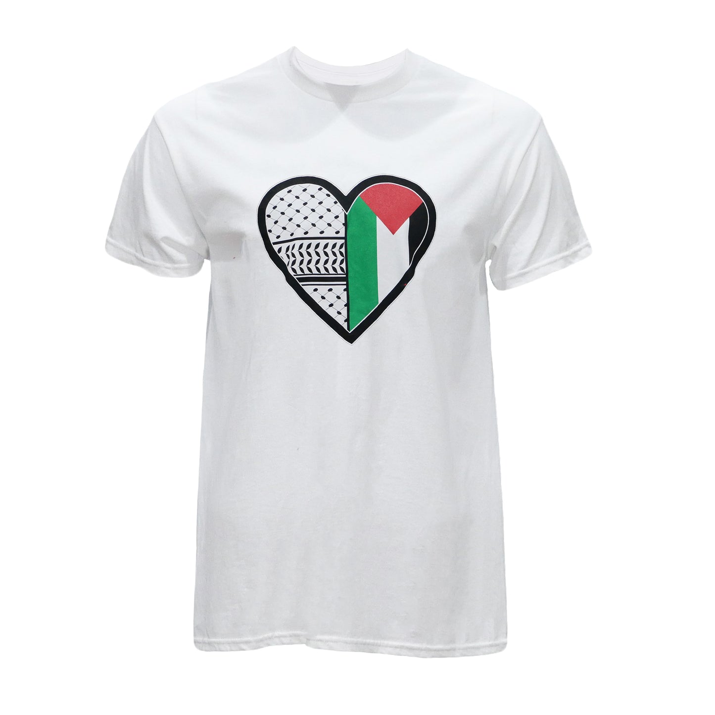 WHITE “LOVE PALESTINE KEFFIYEH PRINT” T-SHIRT