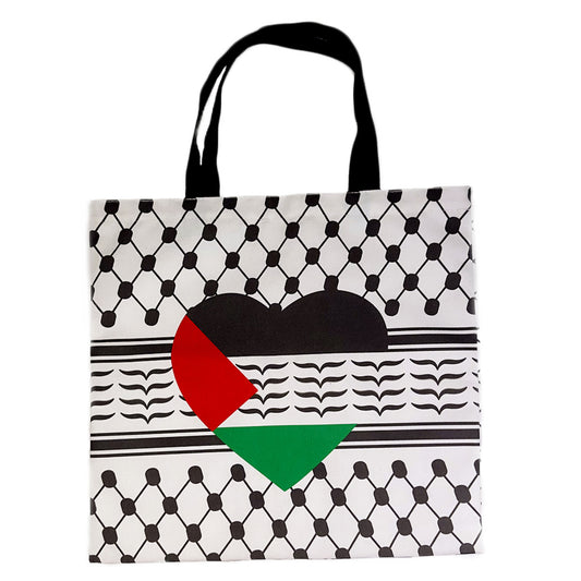 “KEFFIYEH PRINT LOVE HEART PALESTINE FLAG” TOTE BAG